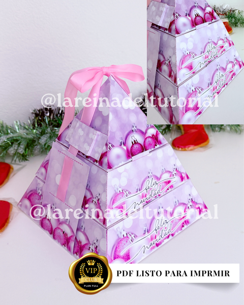 CAJA PIRAMIDE ESFERAS ROSAS PEQUEÑA (17X17 CM)