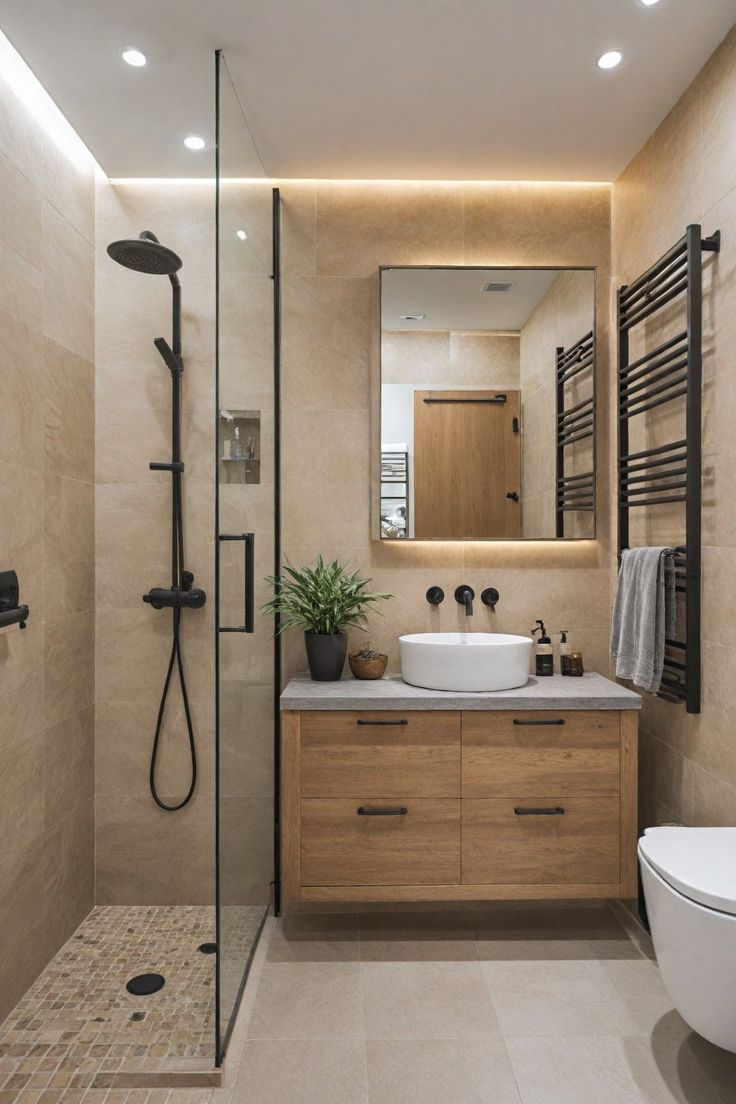 baño de pocos metros con mampara transparente