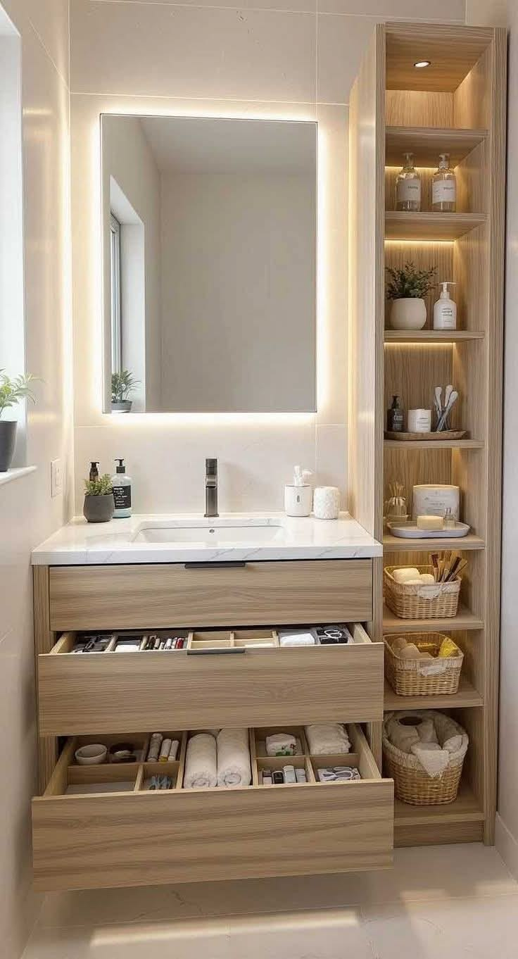 Baño compacto con cajones y estantes de parede con productos de belleza y bienestar