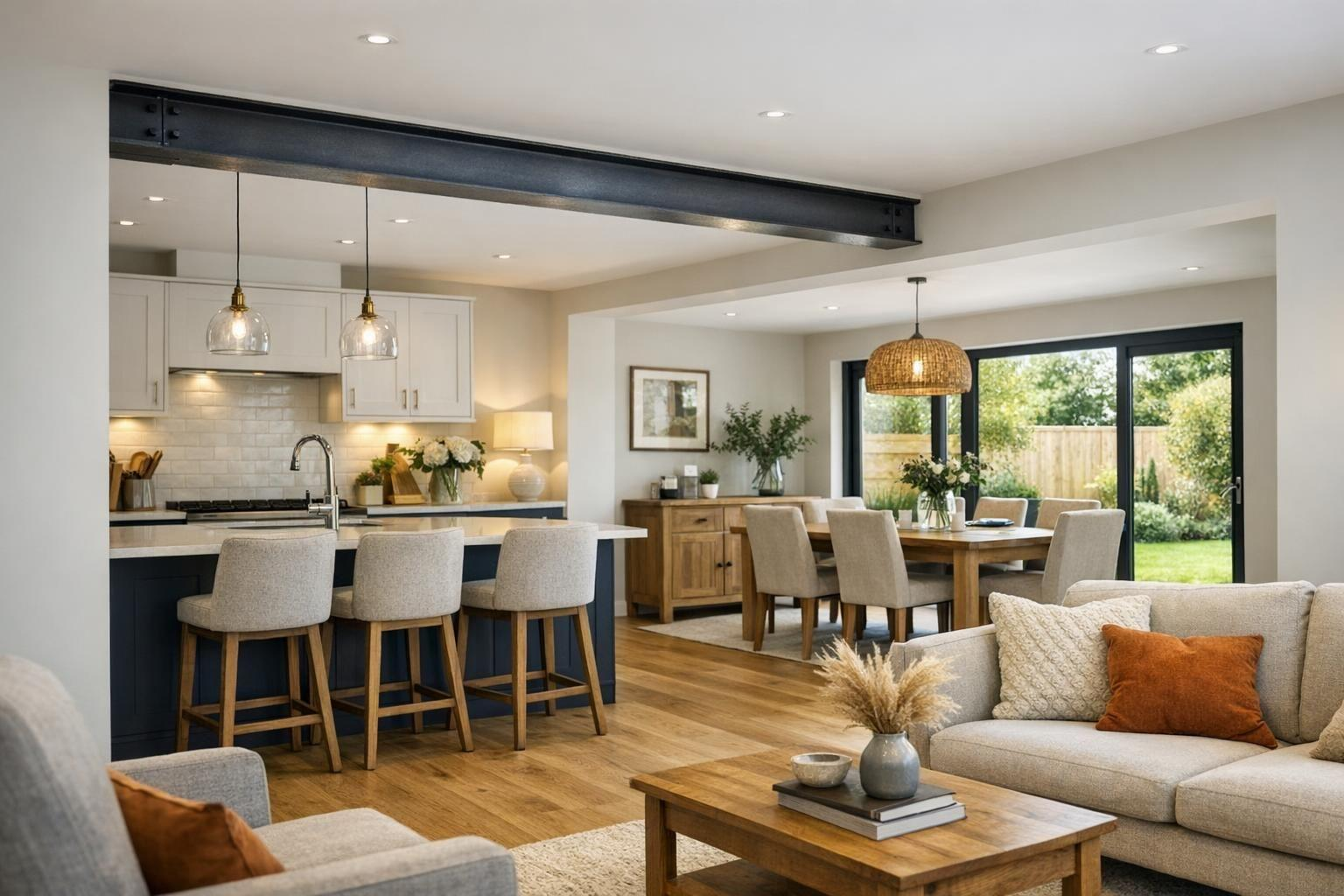 cocina con isla, comedor y living integrados sectorizados por vigas y alfombras