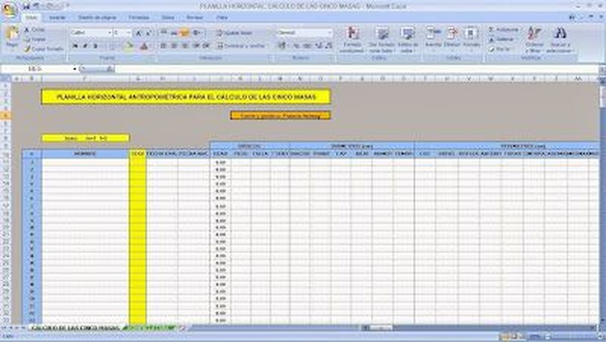 Planilla horizontal antropométrica para el calculo del cinco componentes, perfil restringido.