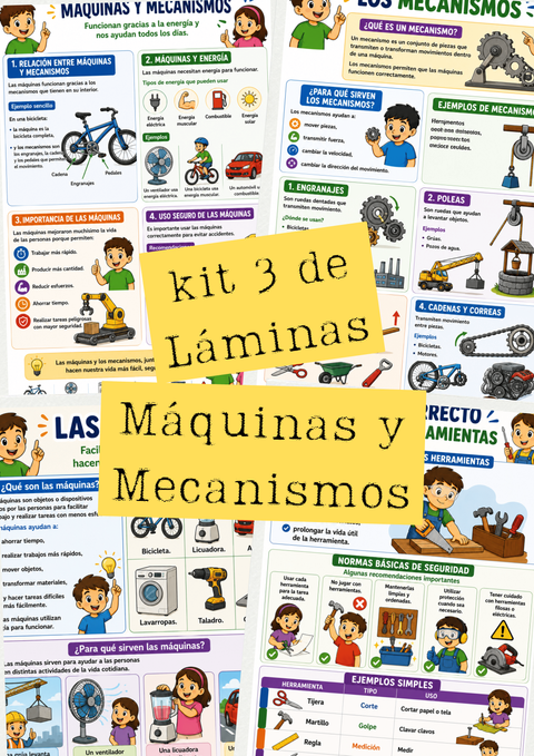 Kit 3 Láminas amplias  —  Máquinas y mecanismos