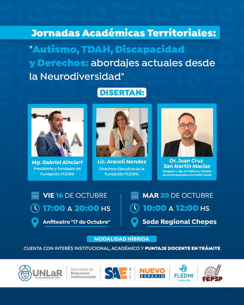 16/10 | Jornada VIRTUAL UNLAR, La Rioja — Autismo, TDAH, Discapacidad y Derechos