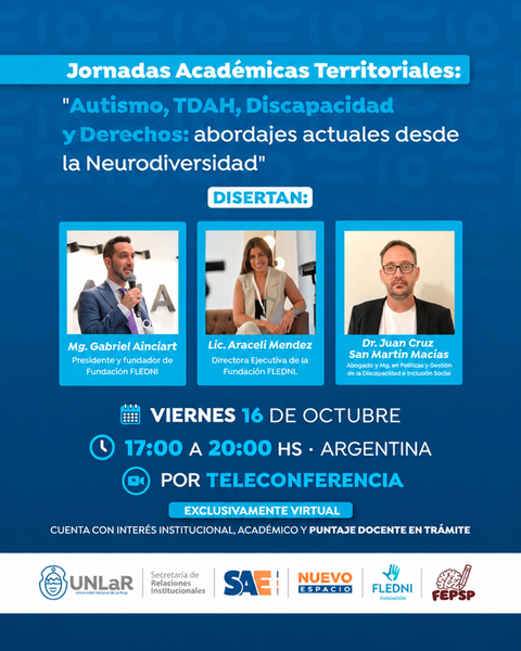 16/10 | Jornada VIRTUAL UNLAR, La Rioja — Autismo, TDAH, Discapacidad y Derechos