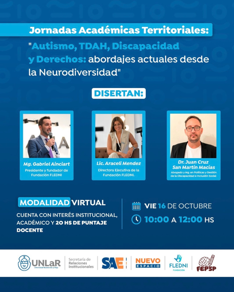 16/10 | Jornada VIRTUAL UNLAR, La Rioja — Autismo, TDAH, Discapacidad y Derechos