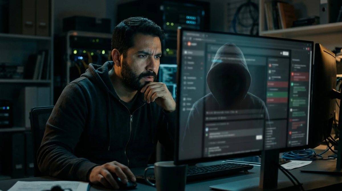 Analista examinando un foro de la dark web en su monitor