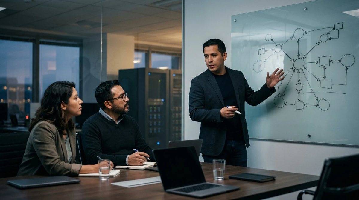 Analistas de ciberseguridad trabajando frente a un diagrama en una pizarra