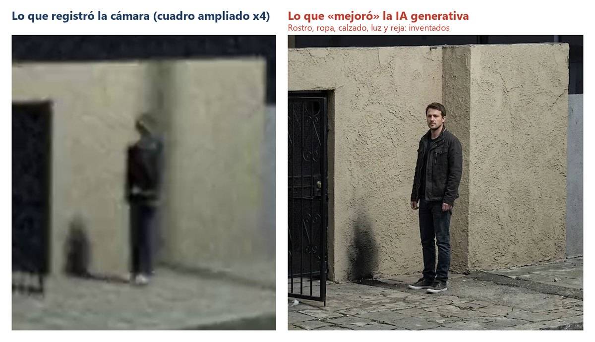 Comparación entre el cuadro de una cámara de seguridad y la imagen inventada por una IA al pedirle mejorar la cara