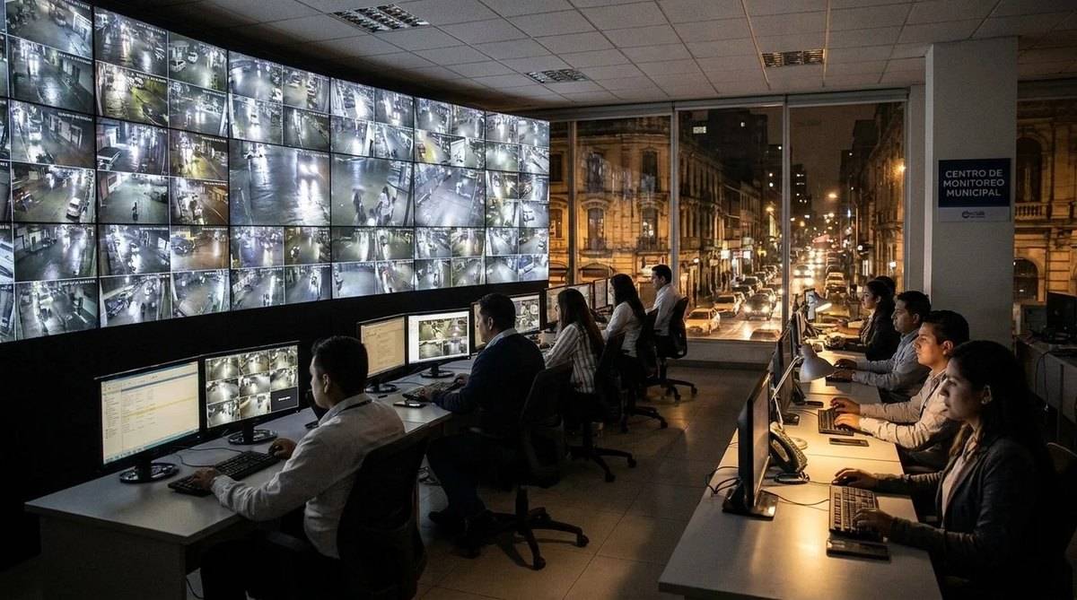Centro de monitoreo con decenas de cámaras de seguridad en una pared (recreación)