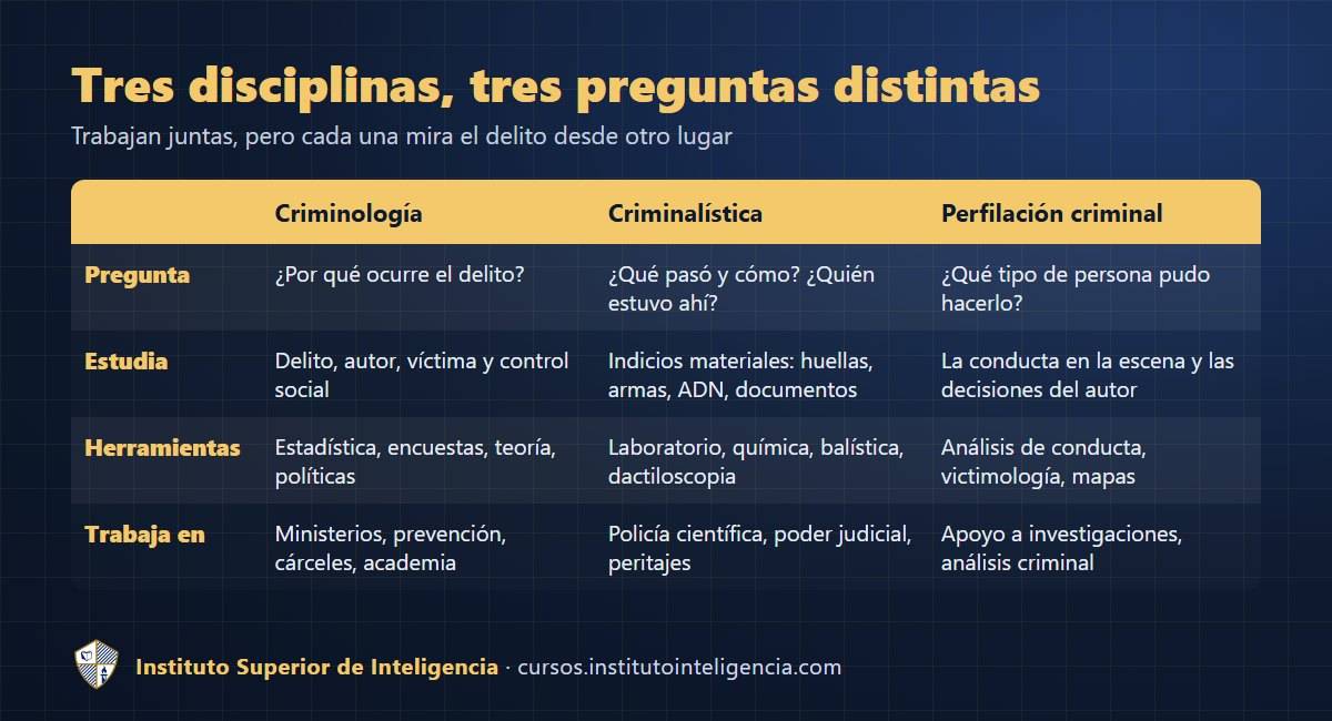 Diferencias entre criminología, criminalística y perfilación criminal