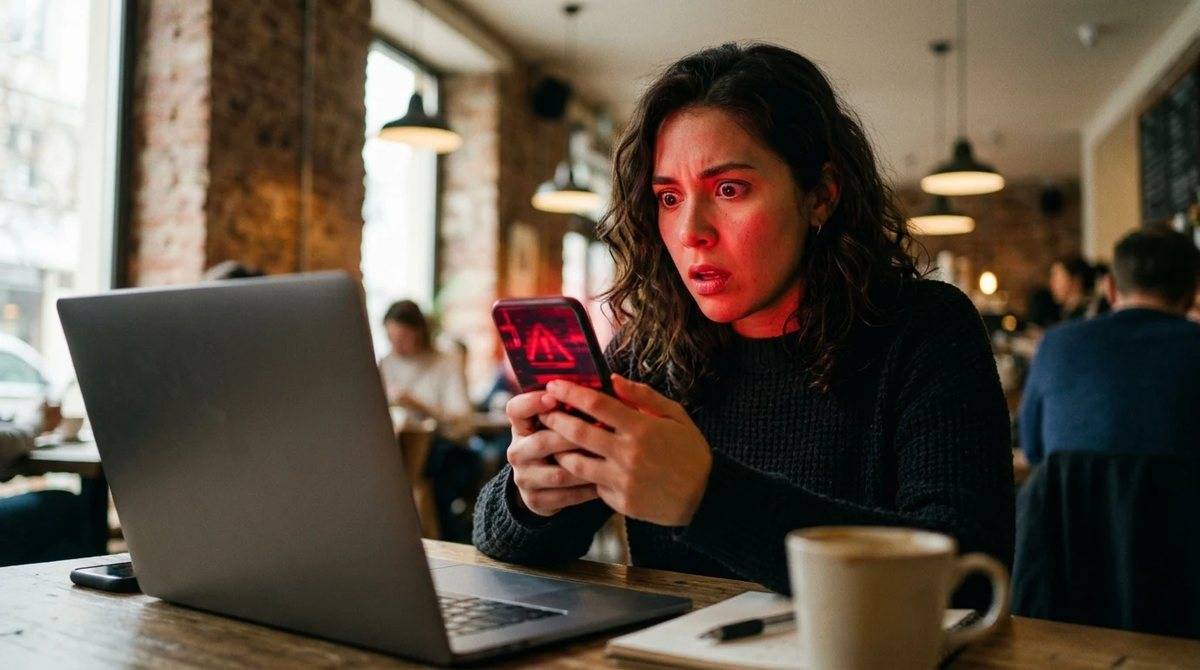 Mujer en un café asustada al ver una alerta en su celular