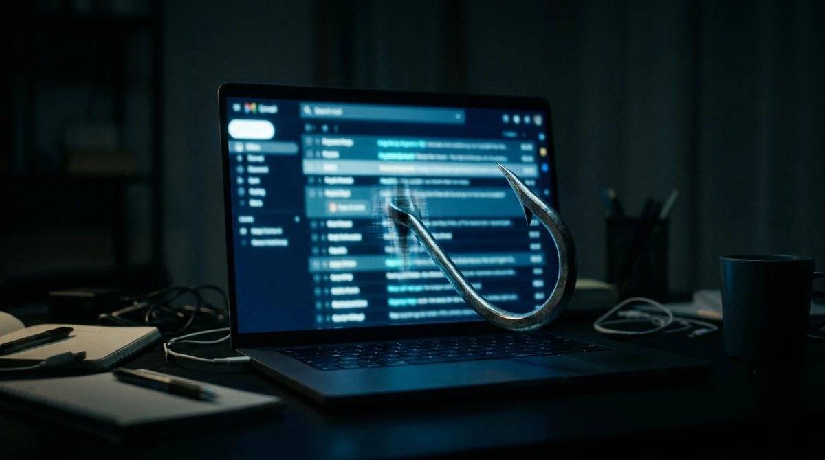 Notebook con un correo de phishing y un anzuelo saliendo de la pantalla