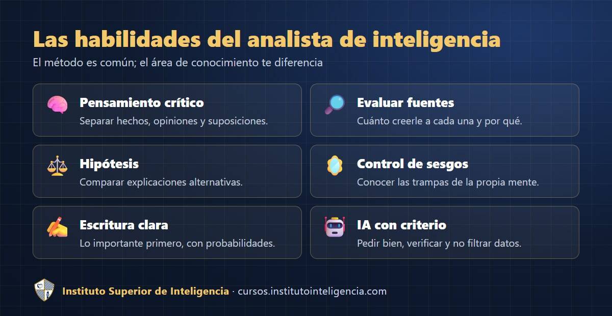 Las 6 habilidades clave del analista de inteligencia: pensamiento crítico, evaluación de fuentes, hipótesis, control de sesgos, escritura e IA