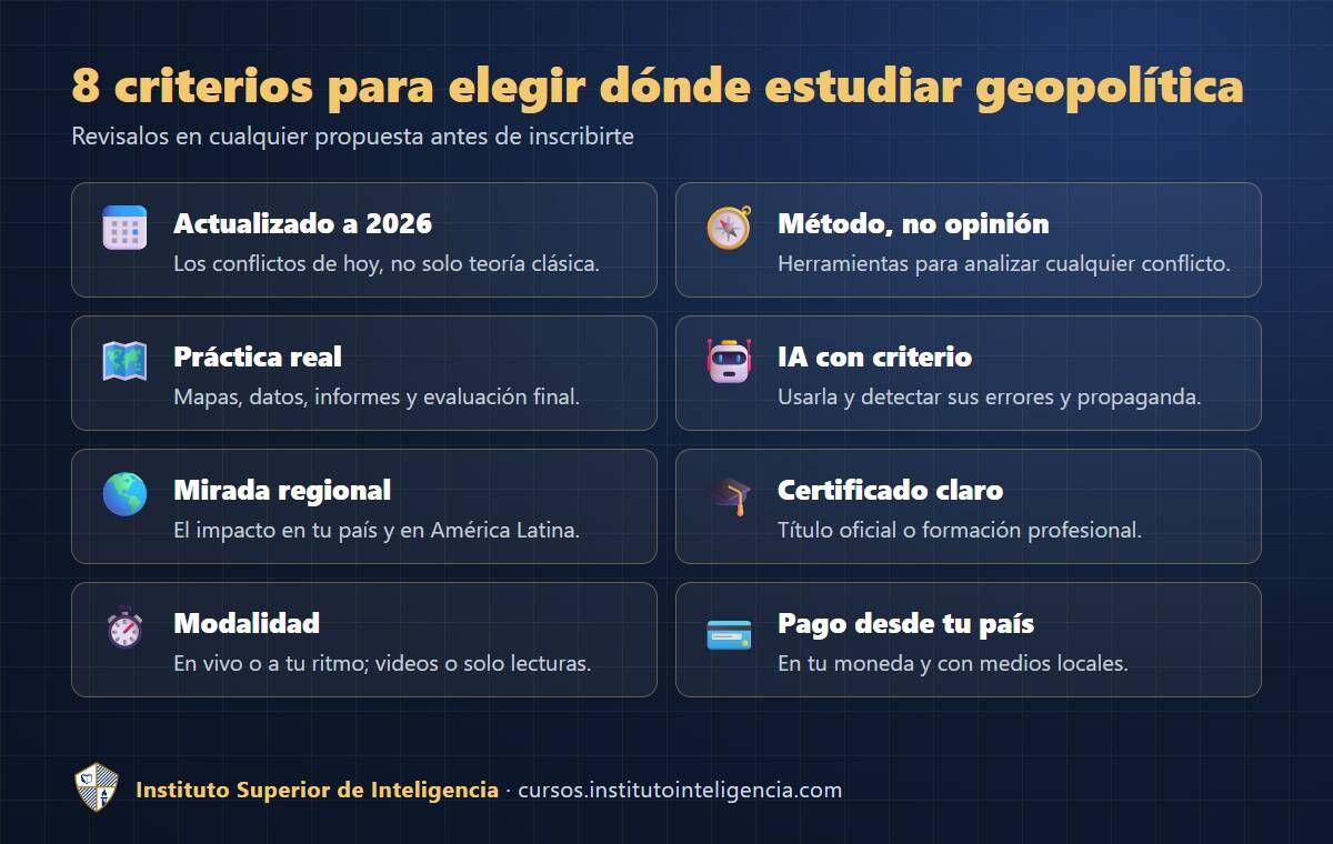 8 criterios para elegir dónde estudiar geopolítica online: actualización, método, práctica, IA, mirada regional, certificado, modalidad y pago