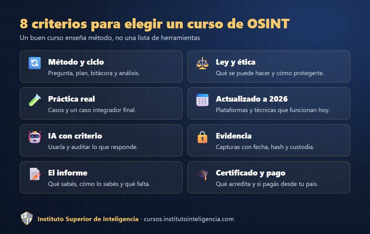 8 criterios para elegir un curso de OSINT: método, ley y ética, práctica, actualización, IA, evidencia, informe y certificado