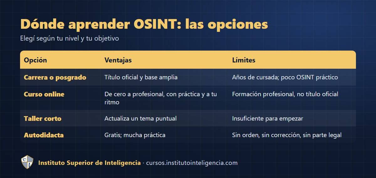 Tabla comparativa de opciones para aprender OSINT: carrera o posgrado, curso online, taller corto y autodidacta
