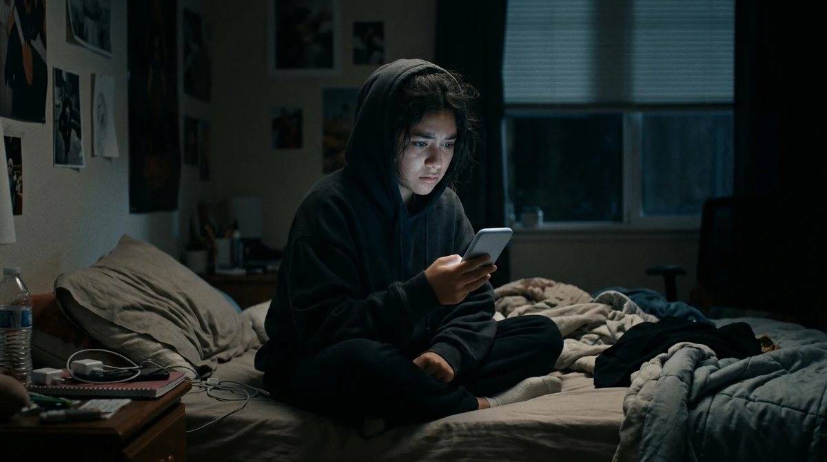 Adolescente en su cama de noche mirando el celular, preocupada