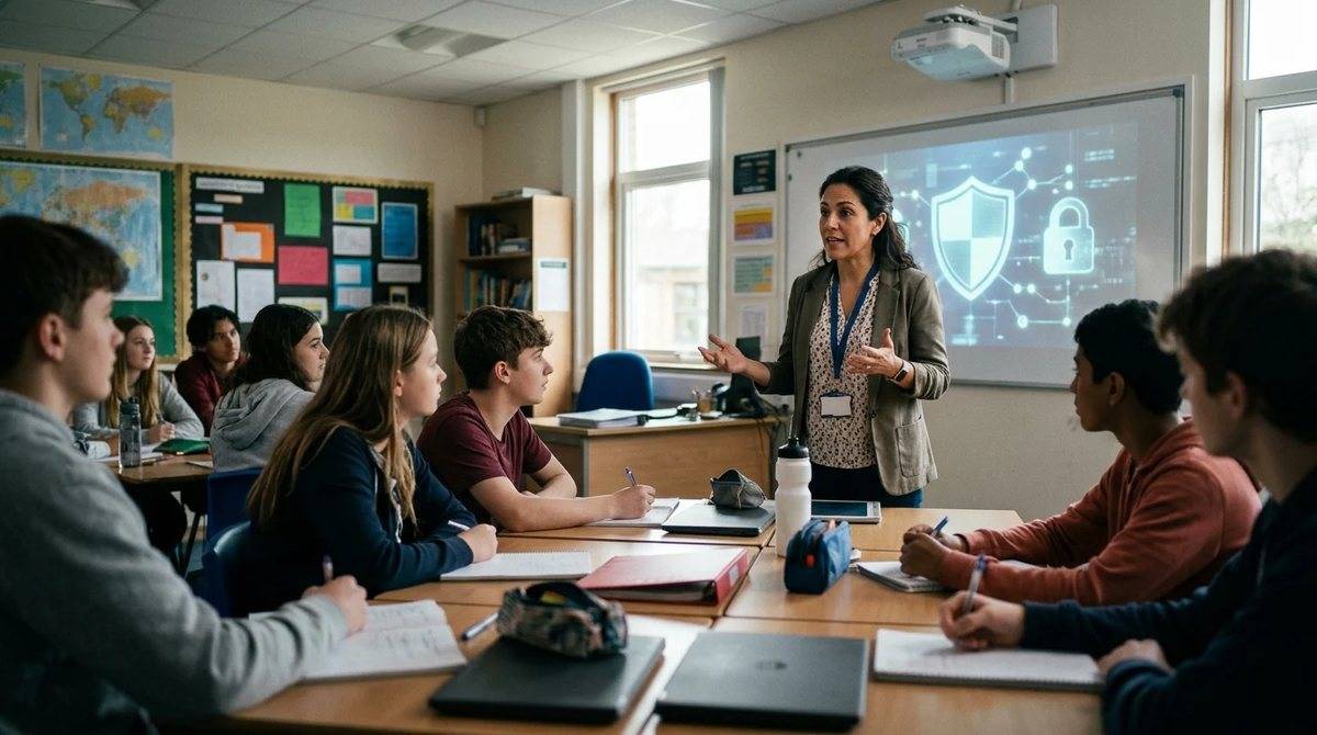 Docente hablando con sus alumnos sobre seguridad en internet
