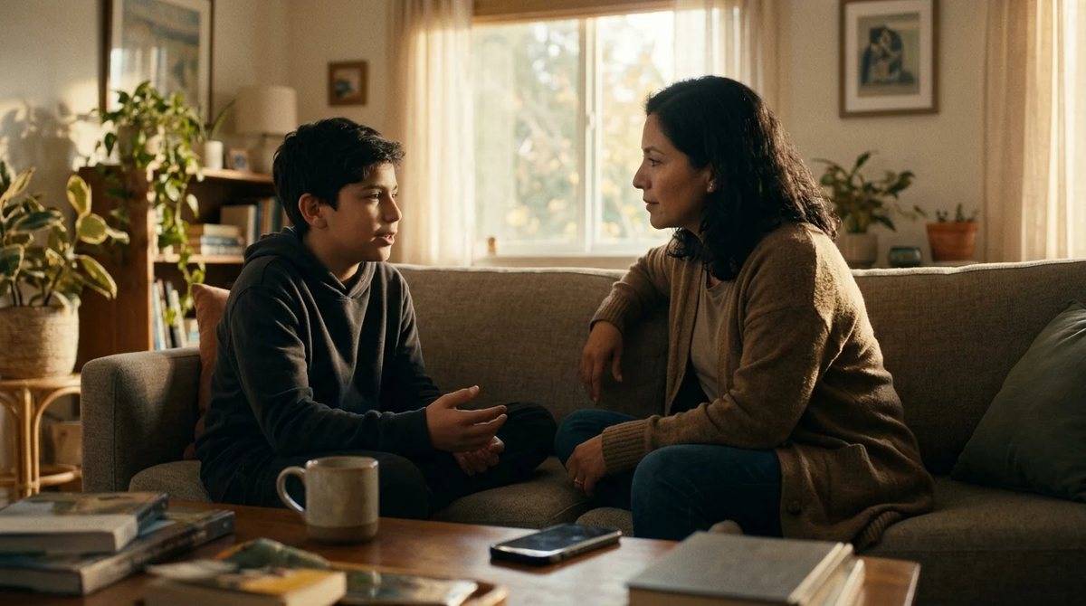 Madre conversando con su hijo adolescente en el living sobre lo que hace en internet