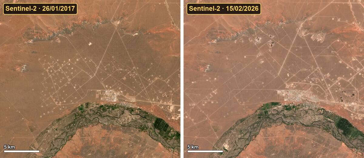 Añelo, en Vaca Muerta, visto por Sentinel-2 en enero de 2017 y en febrero de 2026: más locaciones petroleras y caminos
