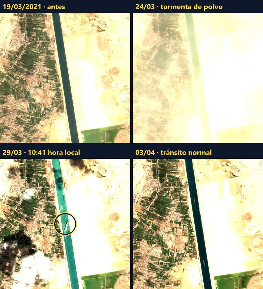 Secuencia de Sentinel-2 del Canal de Suez en marzo y abril de 2021: antes, tormenta de polvo, el Ever Given encallado y el tránsito normal