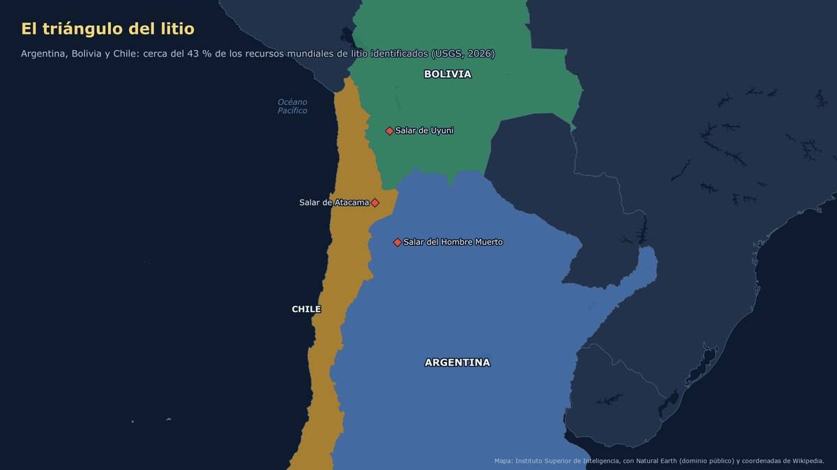 Mapa del triángulo del litio: Argentina, Bolivia y Chile