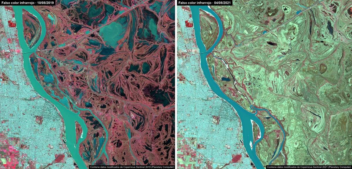 El río Paraná frente a Rosario en falso color infrarrojo: agosto de 2019 y la bajante histórica de agosto de 2021
