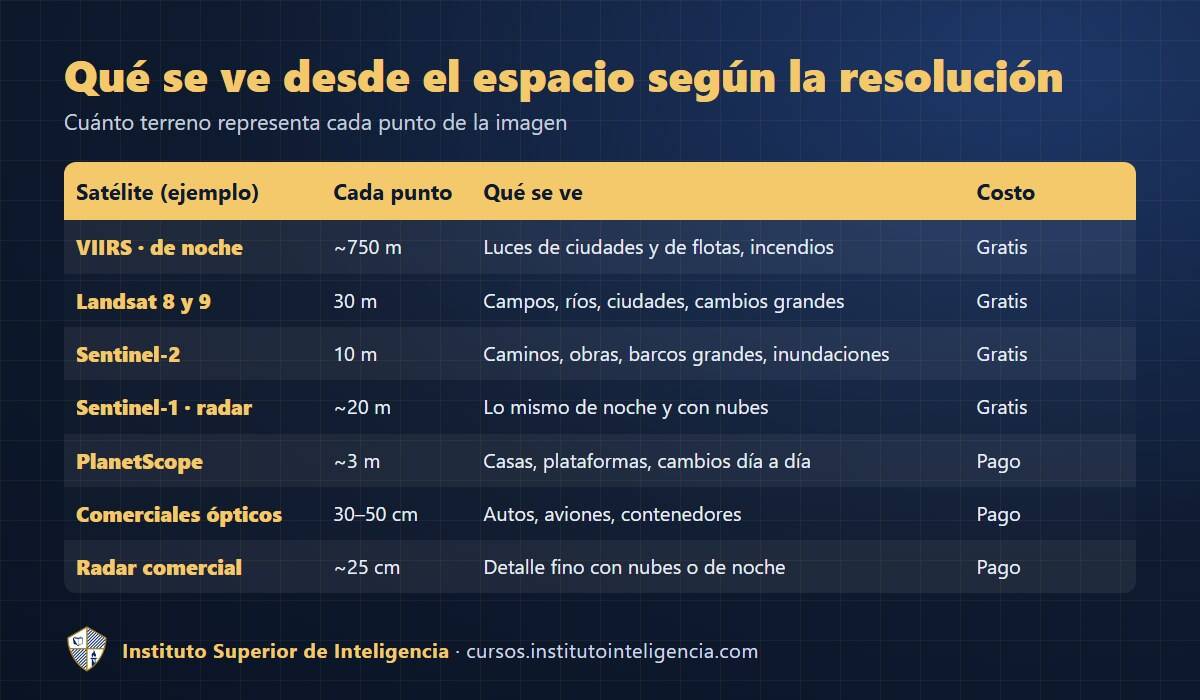Tabla de qué se puede ver desde el espacio según la resolución de cada satélite, de 750 metros a 25 centímetros, y si es gratis o pago