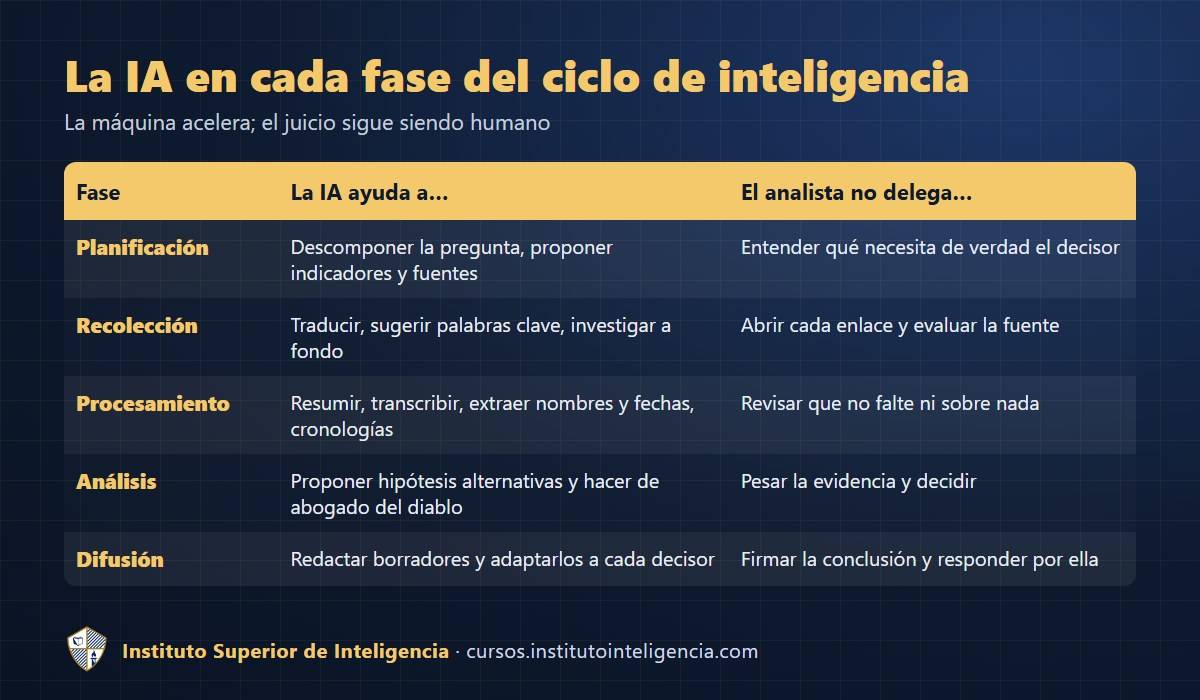 La IA en cada fase del ciclo de inteligencia: qué hace la IA y qué no delega el analista