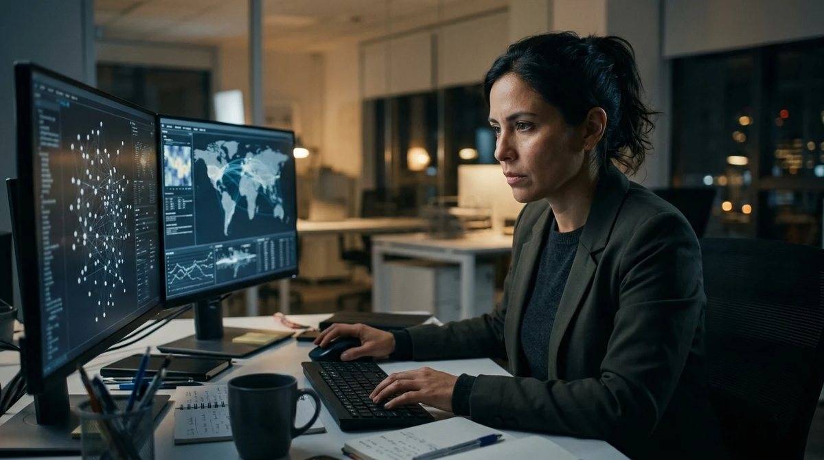 Investigadora OSINT analizando perfiles de redes sociales en dos monitores