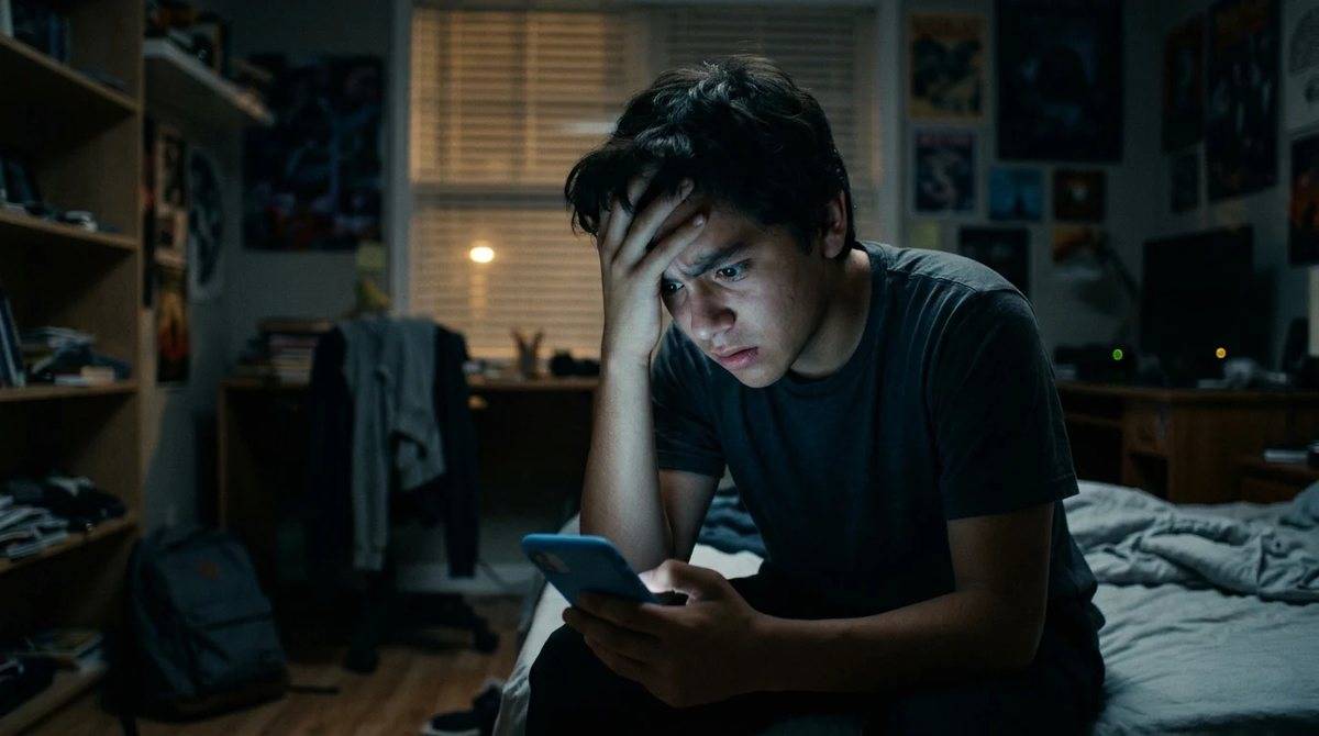 Adolescente asustado mirando el celular de noche en su cuarto