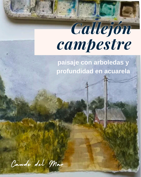 Callejón campestre- paisaje con arboledas y profundidad en acuarela