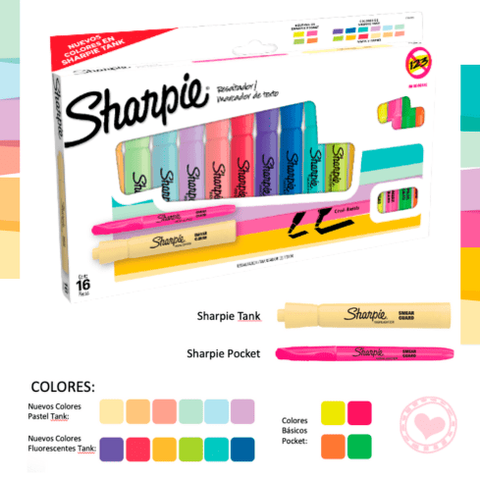 Resaltador Sharpie Accent Tank Set x16 Pastel y Fluo. Cuerpo Redondo (2165241)