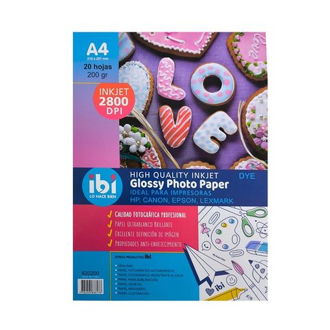 Hoja A4 Inkjet Glossy Ibi 200gr x20 (Fotografico) (620200)