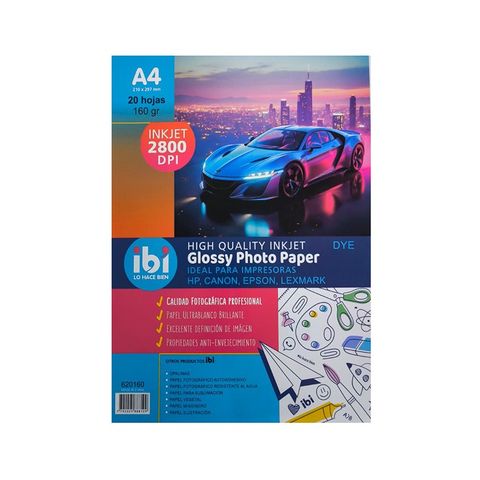 Hoja A4 Inkjet Glossy Ibi 160gr x20 (Fotografico) (620160)