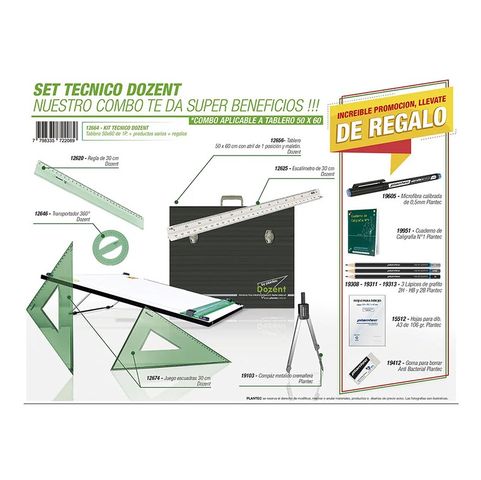 Tablero Dozent Con Maletin y Set Tecnico 50x60 C/Atril 1 Pos. (2664) + 6 Útiles +7 Regalos