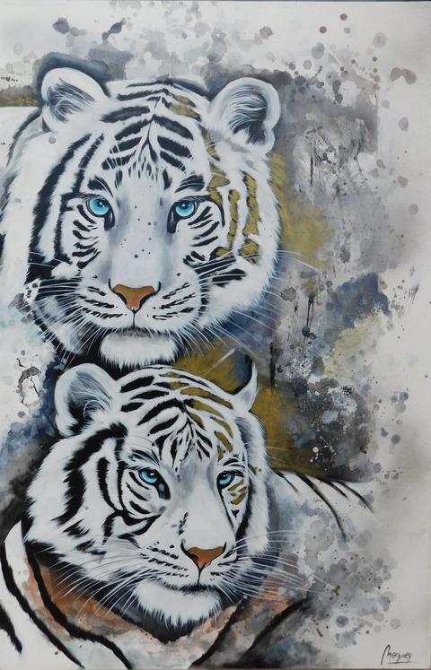 Cuadro de Tigres Original - Silver and Gold - 90 x 60 cm - EN SUBASTA