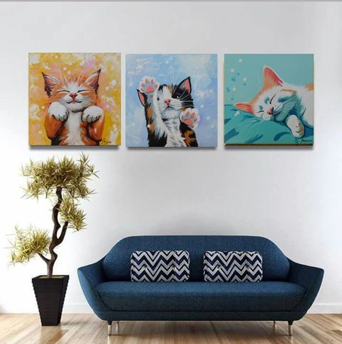Cuadro Original de Gatos  - 90 x 30 cm 
