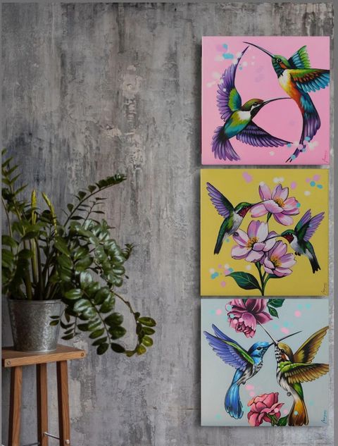 Cuadro de Colibríes Original - 90 x 30 cm