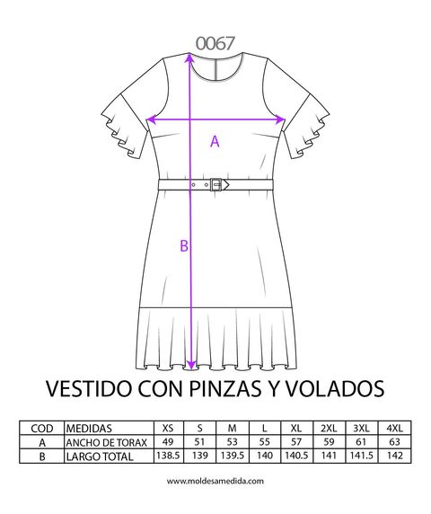 0067 | MOLDE VESTIDO CON PINZAS Y VOLADOS MUJER