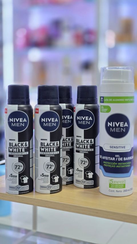 Combo Nivea Para Él | 4 antitranspirantes Black & White Invisible 150 ml + gel de afeitar Sensitive 200 ml