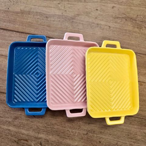 Set de 3 fuentes de cerámica rectangular para horno y microondas con asas | azul, rosa y amarillo