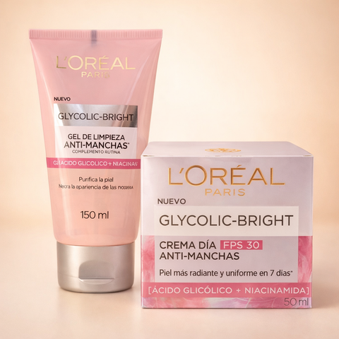 Combo de Limpieza Anti Manchas L'Oréal Glycolic Bright | Gel Facial + Crema Día FPS30