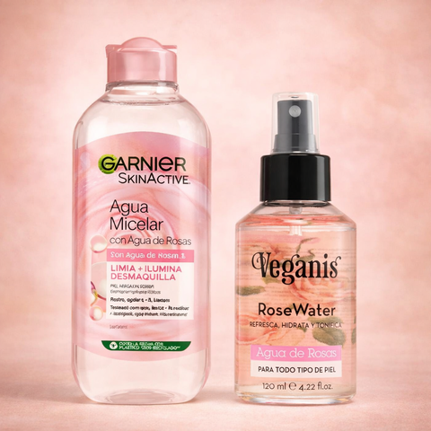 Combo Limpieza Facial Desmaquillante + Tónico Hidratante  |  Agua Micelar Garnier + Agua de Rosas Veganis