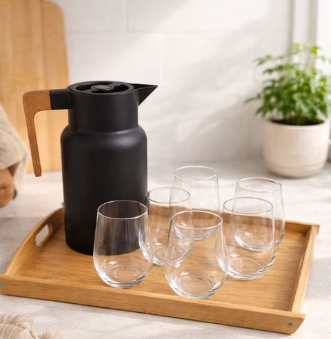 Bandeja de bambú + jarra térmica Sakura + juego de 6 vasos de vidrio