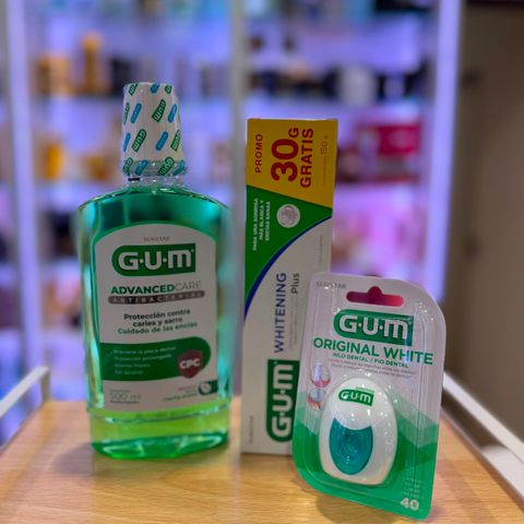 Combo GUM Cuidado Bucal | Enjuague + Pasta Whitening + Hilo Dental