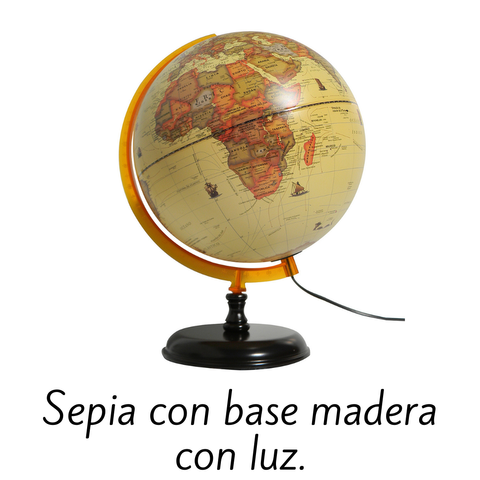 Globo Terráqueo Sepia 25cm. Base Madera Con Luz