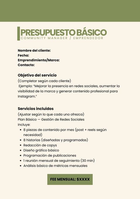 PRESUPUESTO BÁSICO – Community Manager / Emprendedor