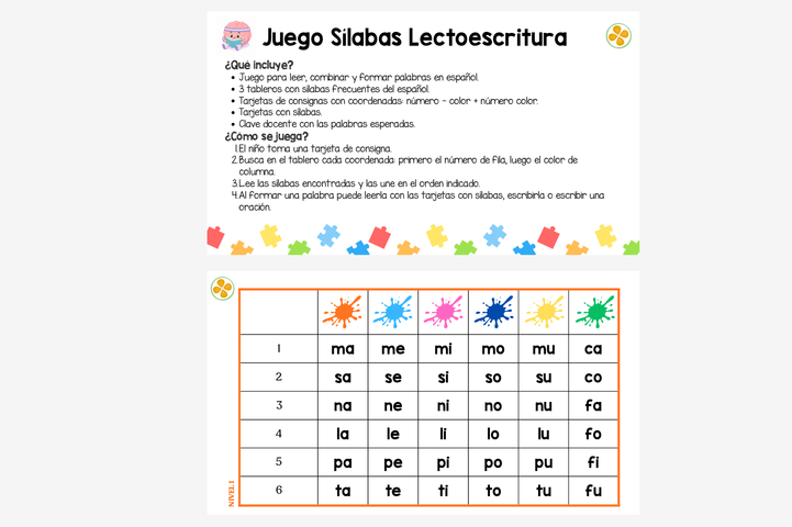 JUEGO DE SÍLABAS COLORES Y NÚMEROS