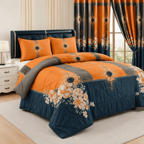 Acolchado Floreado Naranja Azul Premium